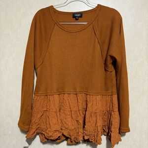 Gigio Burnt Orange Waffle Knit Ruffle Hem Mixed Media Top